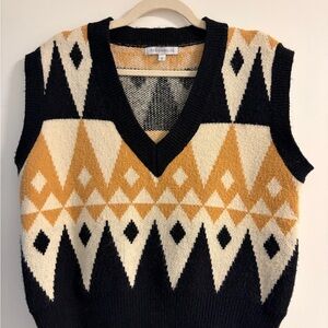 Geometric Patterned Sweater Vest - Black, Cream, and Tan